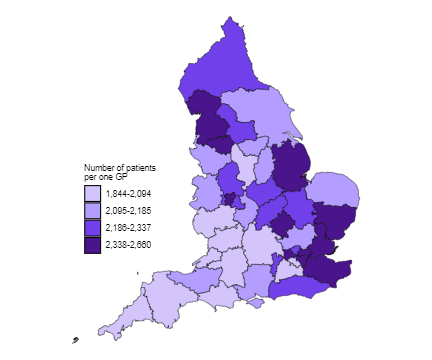 There are an unequal number of #GPs distributed across different areas in England when accounting for population size and need. As of December 2023, there were 2,660 patients per GP in Kent and Medway, compared to 1,844 in Gloucestershire. Find out more: nuffieldtrust.org.uk/nhs-staffing-t…