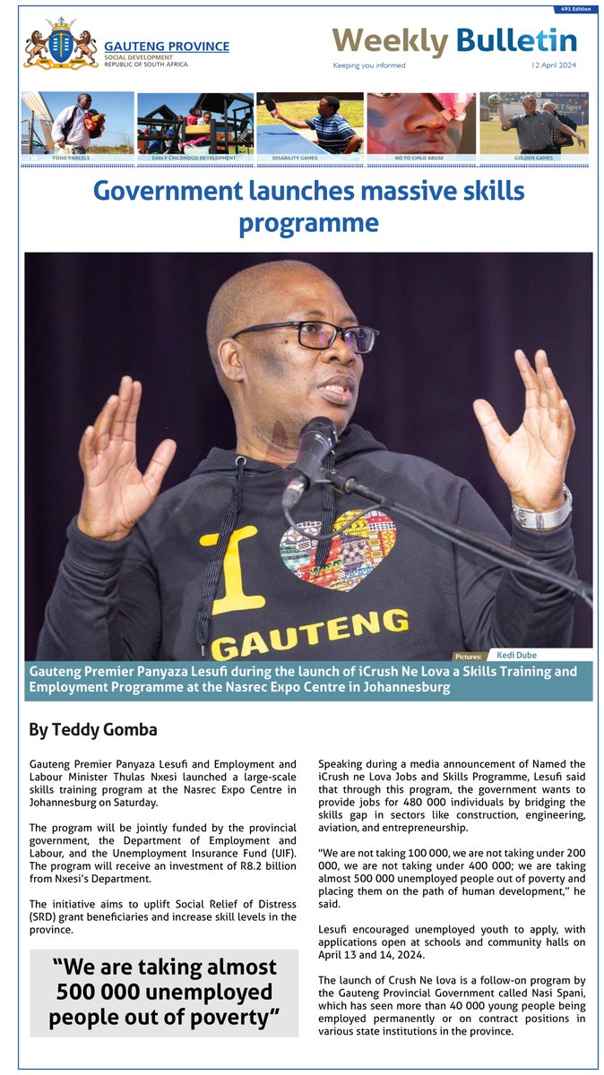 Mr Gabela, Induna from Kwa-Thema Hostel, extended words of appreciation to @gpgSocDev and Ubuntu Community Empowerment Centre for their support in providing daily hot meals to hostel residents. Download our 491 Edition to read more👇 gauteng.gov.za/Departments/De… #SocDevOutandAbout