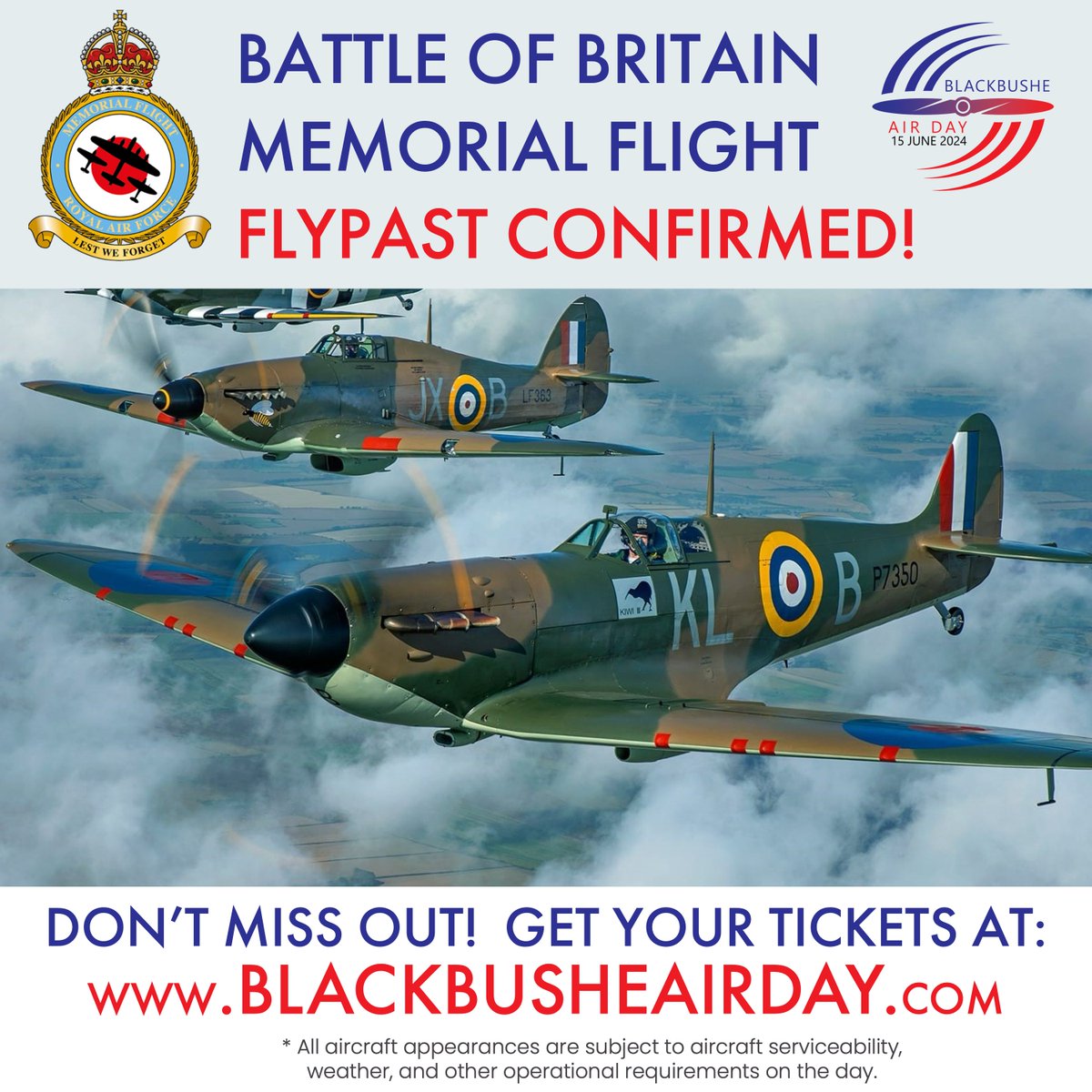 We're please to confirm we've been allocated a flypast by the <a href="/RAFBBMF/">RAF BBMF</a> Spitfire AND Hurricane for this year's air day on 15th June.  It will be great to hear these merlin engines over Blackbushe.  Get your tickets at blackbusheairday.com now!