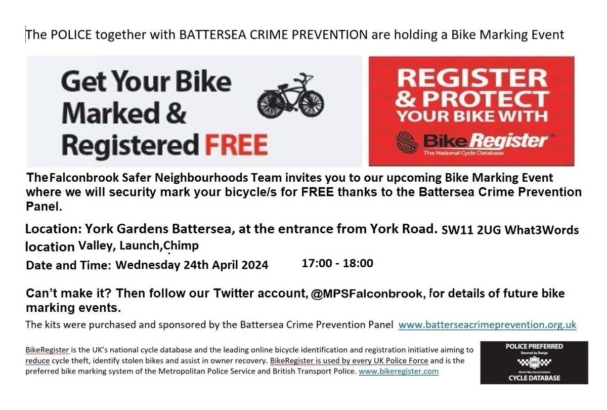 If you haven't had your bike marked, here's your chance! Falconbrook will be holding a bike marking event @ York Road junction with Plough Road, SW11 on Wednesday 24th April from 5pm-6pm. And it's FREE! Details are below⬇️ #crimeprevention @MPSWandsworth ^7040SW