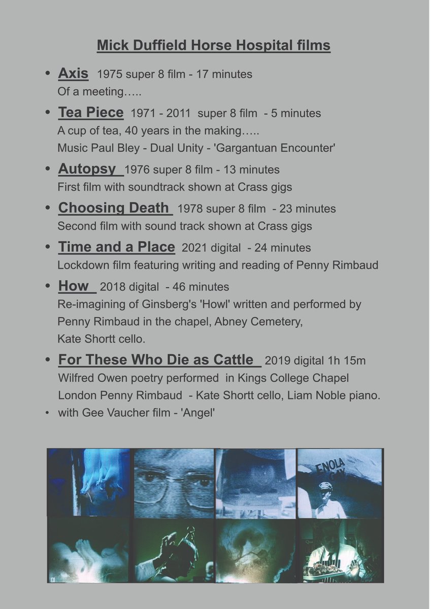 Wednesday, 17 April 7:30 pm Mick Duffield & Penny Rimbaud Screenings of films by Mick Duffield and Penny Rimbaud, with a live Q&A with Mick and Penny Tickets thehorsehospital.com/events/mickduf…