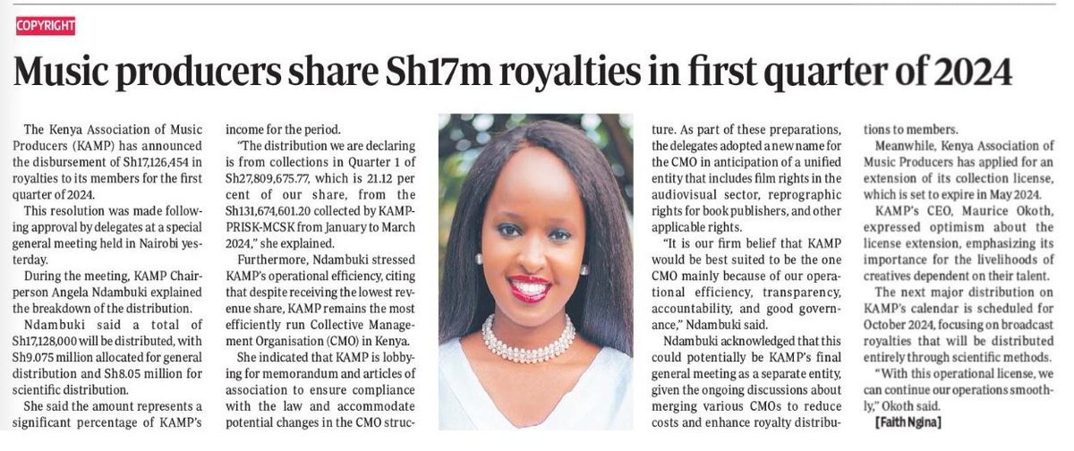 kampkenya's tweet photo. 📢 Exciting news! KAMP's royalty distribution for Q1 2024, discussed at our recent Special General Meeting, is featured in today's Standard Newspaper on Page 3! 🗞️🎉

#KAMP #RoyaltyDistribution  #SupportingArtists #MusicIndustry #KampSGM2024 https://t.co/pwndNh3eXJ
