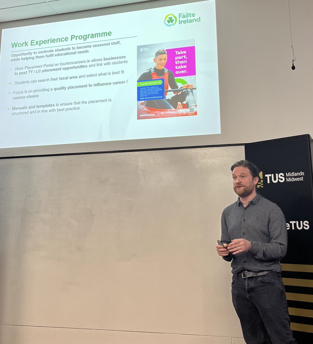 Eight in ten third-level work placements result in a job offer - reinforcing the importance of college-industry collaboration #tourismcareers #WeAreTUS Michael Quinn from @Failte_Ireland Careers presents to students @foodtourismlit