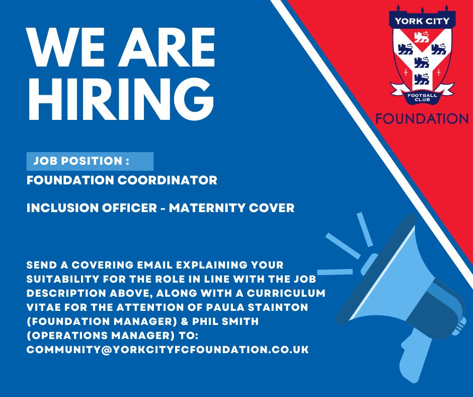 We are hiring! 👇 We have two exciting positions that we are hiring for! For more information, or to apply, click on the link below. Foundation Coordinator: uk.indeed.com/viewjob?jk=ee1… Inclusion Officer (Maternity Cover): uk.indeed.com/viewjob?jk=837… #TeamYork #Community