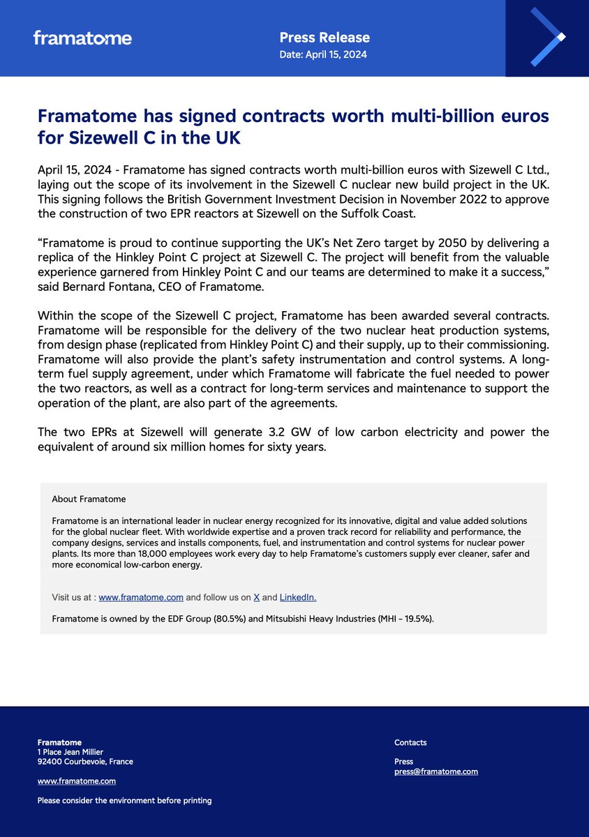 ✍ Framatome has signed contracts worth multi-billion euros with Sizewell C Ltd., laying out the scope of its involvement in the Sizewell C nuclear new build project in the UK.