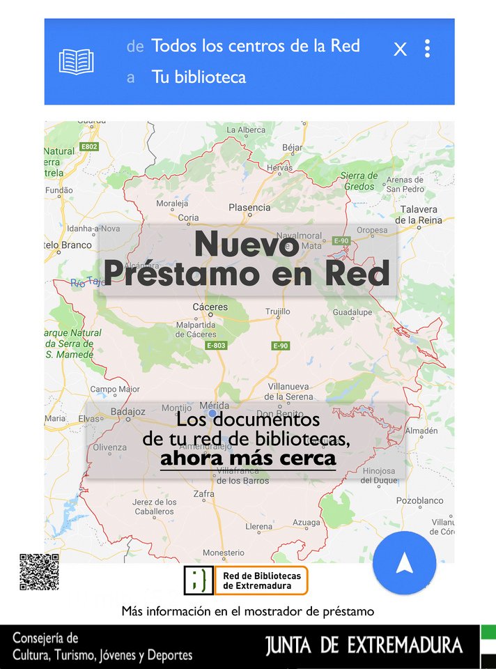 Ya está disponible el servicio de Préstamo en Red, gracias al cual todos los usuarios de nuestra biblioteca pueden solicitar documentos que se encuentran disponibles en la Red de Bibliotecas de Extremadura. Pueden solicitar más información en el mostrador de la biblioteca.