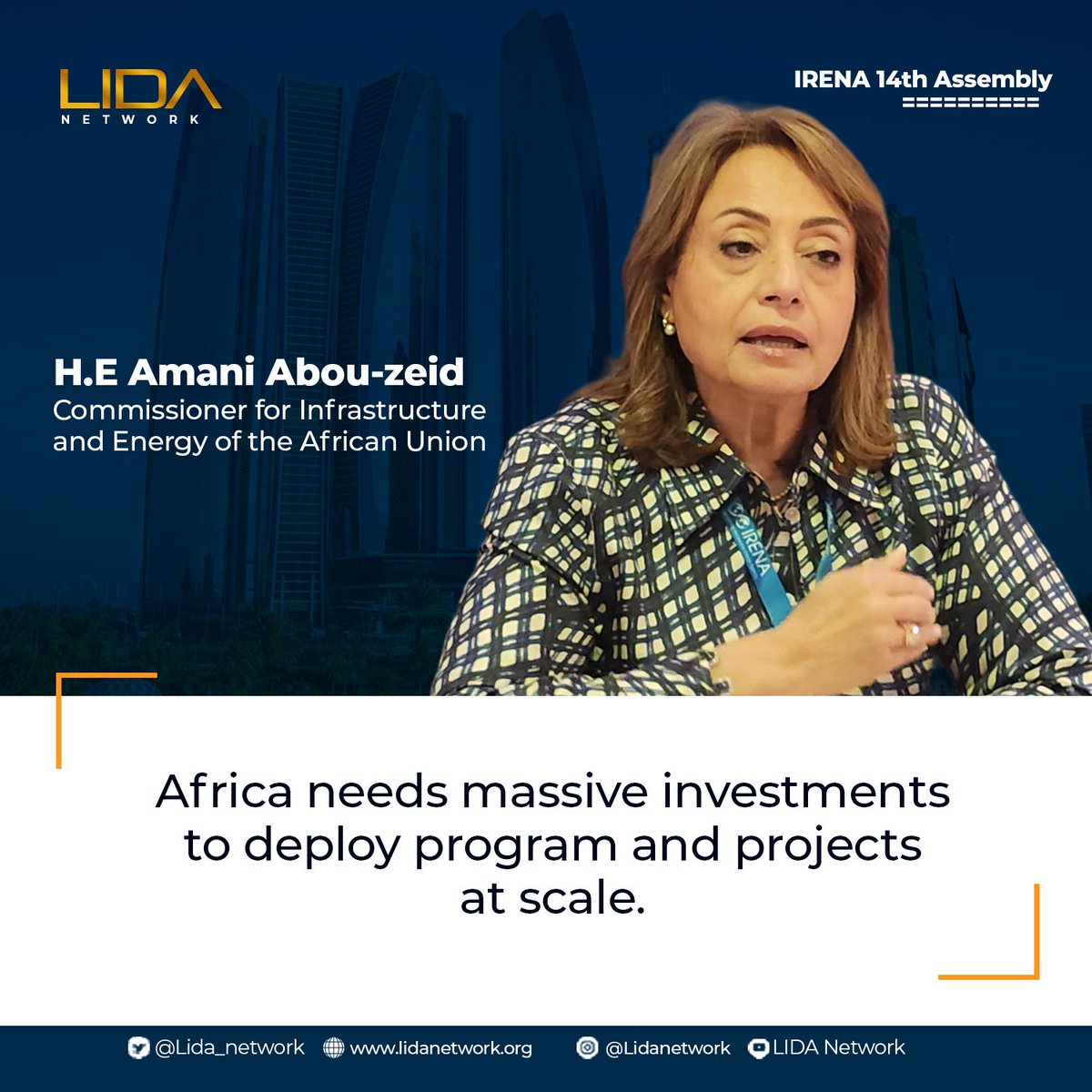 Africa's bright future hinges on massive investments in energy infrastructure! , @HEDrAbouZeid Commissioner for Infrastructure and Energy of the @_AfricanUnion, emphasized the urgent need at @IRENA to deploy programs & projects at scale. #IRENA4A