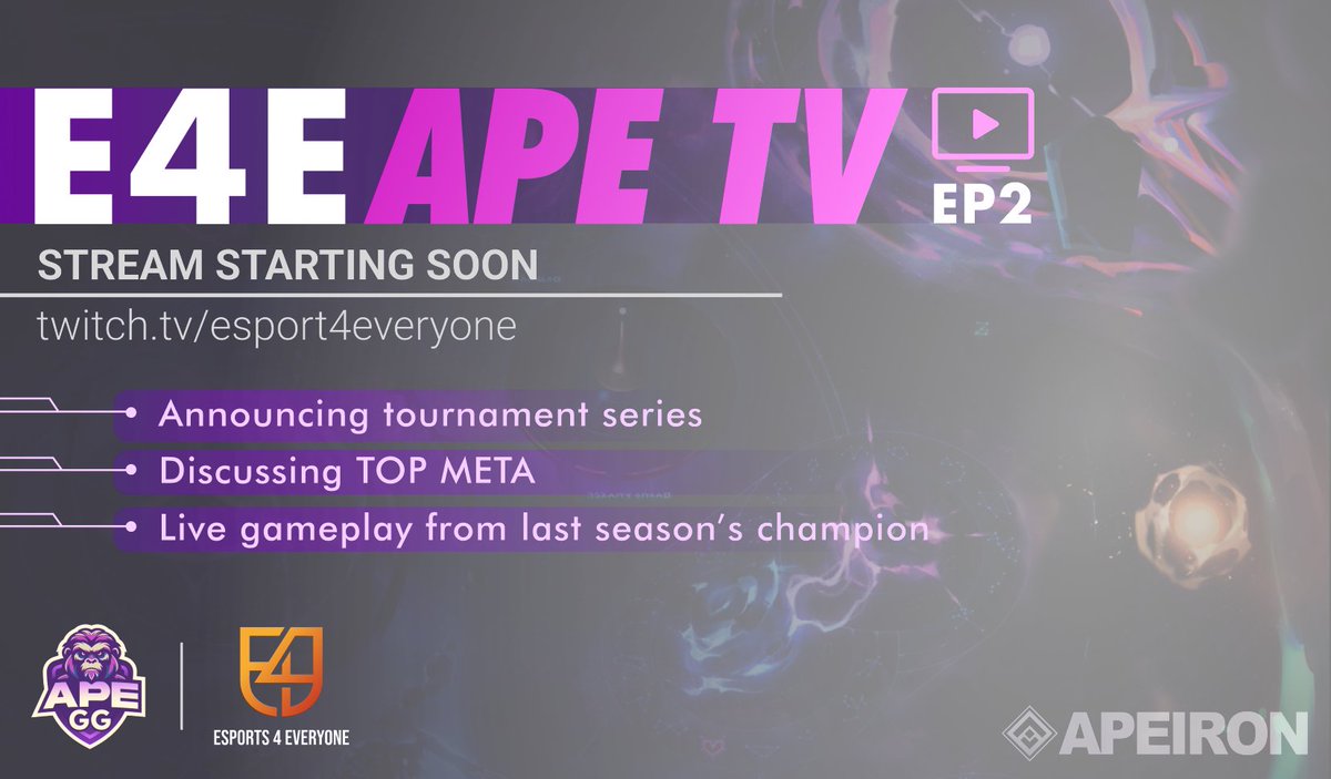 📢【 E4E ApeTV | Weekly Talkshow 】🗣️ Quick! Episode 2 of #E4E_ApeTV is about to go down in a few hours⌛ Hosted by 🎙️@radioralo from @ApeGGOfficial - one of the best players in the game - alongside special guest: 🎙️@Chief_AxieGG - certified OG and stalwart community leader. If