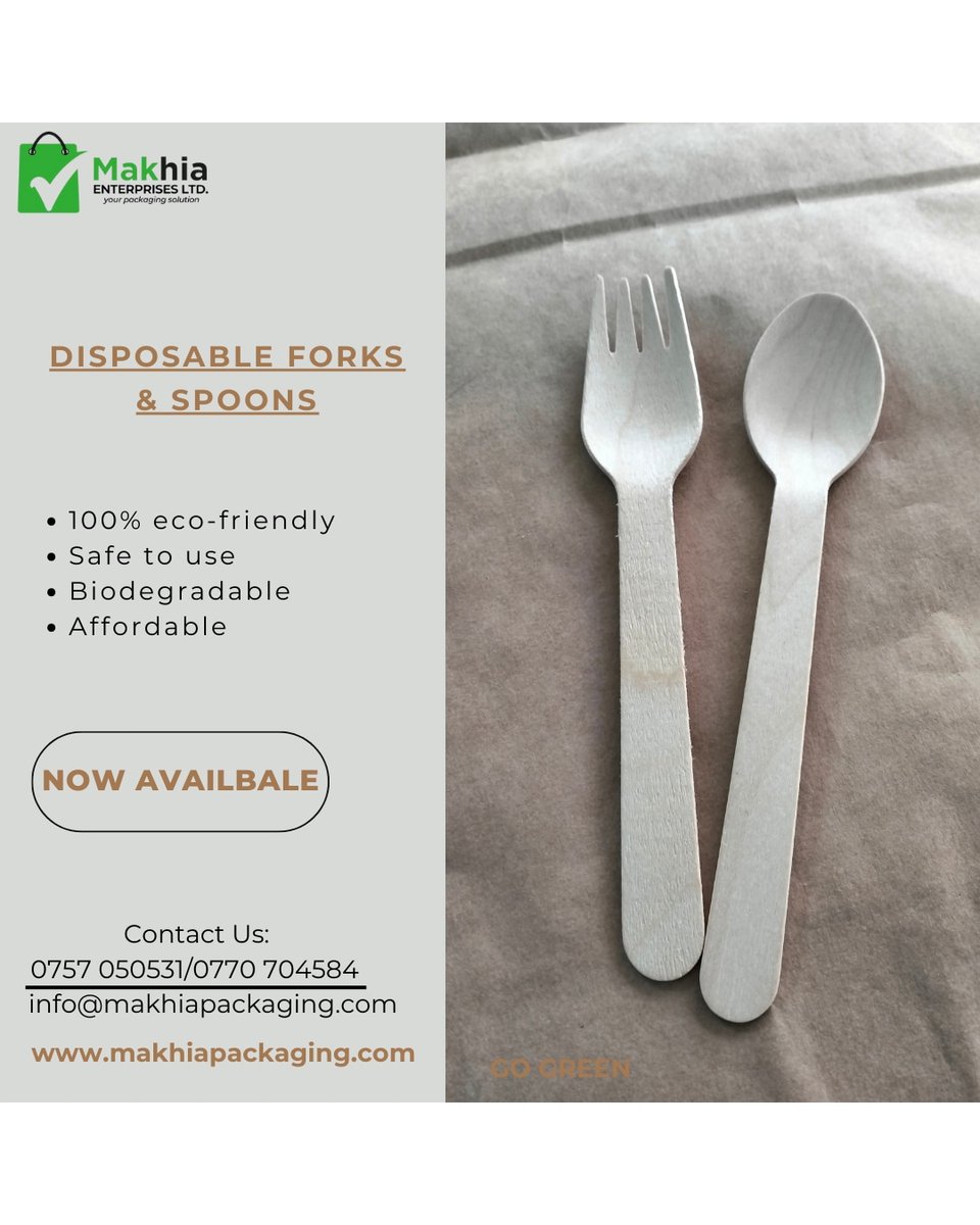 Makhiapackaging's tweet photo. Say goodbye to plastic and hello to eco-friendly alternatives. We have added wooden cutlery to our catalogue! Customization options available, including branding.
#gogreen #woodencutlery #Sustainability #biodegradable #disposable #environmental #foodsafe #hotels  #UgandaZukuka https://t.co/SyqRUnJMvG