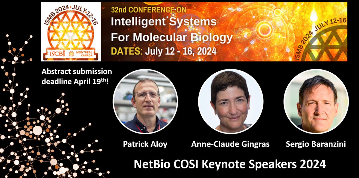 📢 Exciting News from #ISMB2024! We're thrilled to announce our three NetBio keynote speakers for this year's conference in Montréal.

Don't miss this fantastic opportunity to showcase your own work.

👉Submit your abstracts by April 19th👈

cosi.iscb.org/wiki/NetBio:Ho…