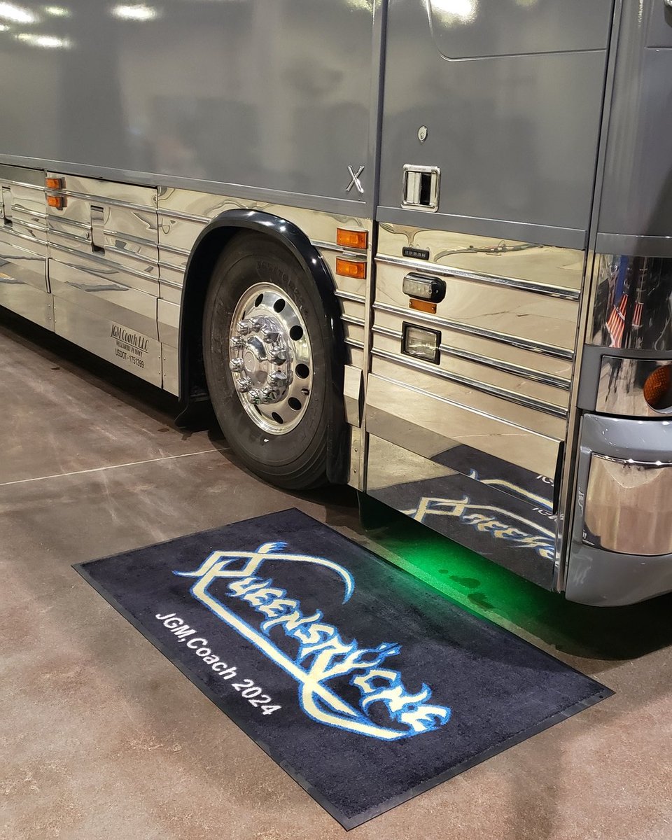 It's pretty cool when our amazing driver added 'Warning' illumination effects to our rig! We think it looks great with the custom Queensryche door mat - whaddya' think? #theoriginstour #warning #tourbus