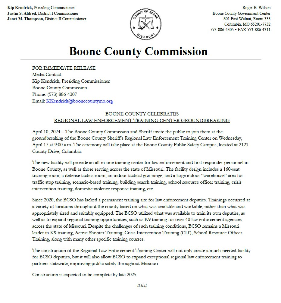 Please join us tomorrow for the groundbreaking of the Sheriff’s Regional Law Enforcement Training Center on the Boone County Public Safety Campus!