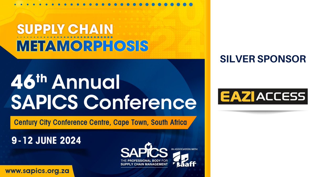 SAPICS welcomes Eazi Access as Silver Sponsor of the 2024 SAPICS Conference held in association with the @SAAFF_News Learn more about Eazi Access: eazi.co.za #SAPICS2024 #SupplyChainMetamorphosis #SupplyChainConference #CapeTown #supplychainmanagement #Sponsor