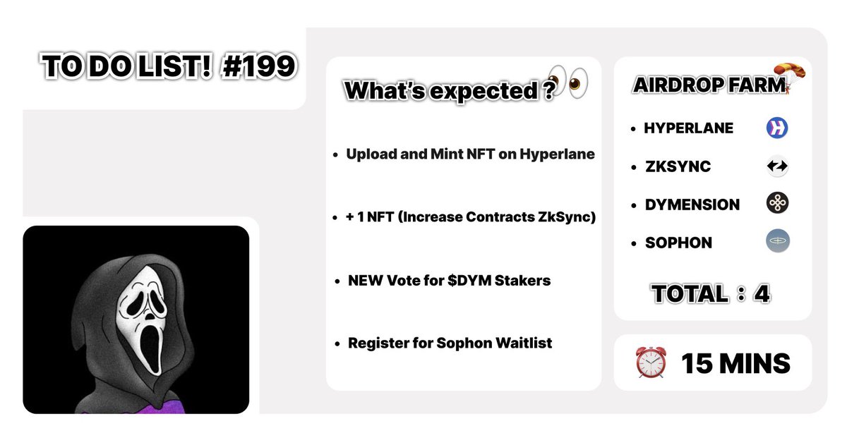 asedd72's tweet photo. 📝 𝗧𝗢 𝗗𝗢 𝗟𝗜𝗦𝗧! #198

🔹 Upload and Mint NFT on HYPERLANE
🔗 - https://t.co/vYZh0mdRUZ

🔹 + 1 NFT (Increase Contracts ZkSync)
🔗 - https://t.co/emjY4WjiQu

🔹 NEW Vote for $DYM Stakers
🔗 - https://t.co/Q4XH8z3cvg

🔹 Register for Sophon Waitlist
🔗 - https://t.co/g9kfuuIxKZ

🔹 Grab your Lottery Ticket ($10 to win)
🔗 - RT this To Do List