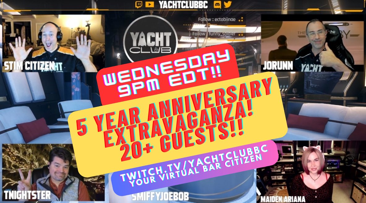 Jorunn_SC's tweet photo. Come join the weekly Yacht Club show's 5 year anniversary #StarCitizen extravaganza! An opportunity to hang out with the community and get to know creatives, content creators, and event organizers. Wednesday 9PM EDT! 🥳🍻🚀🚀
https://t.co/iH2kWKYop6
@Galaxt1ka @RobertsSpaceInd https://t.co/Ec3vKsliS6