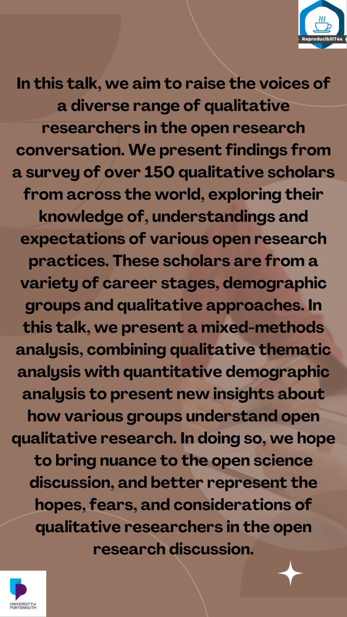 Join us tomorrow to find out more about how to include open research practices in your qualitative research from <a href="/annayahprosser/">annayahprosser@bsky.social</a> ! 🫖

#ReproducibiliTea #OpenScience @GradSchoolUoP