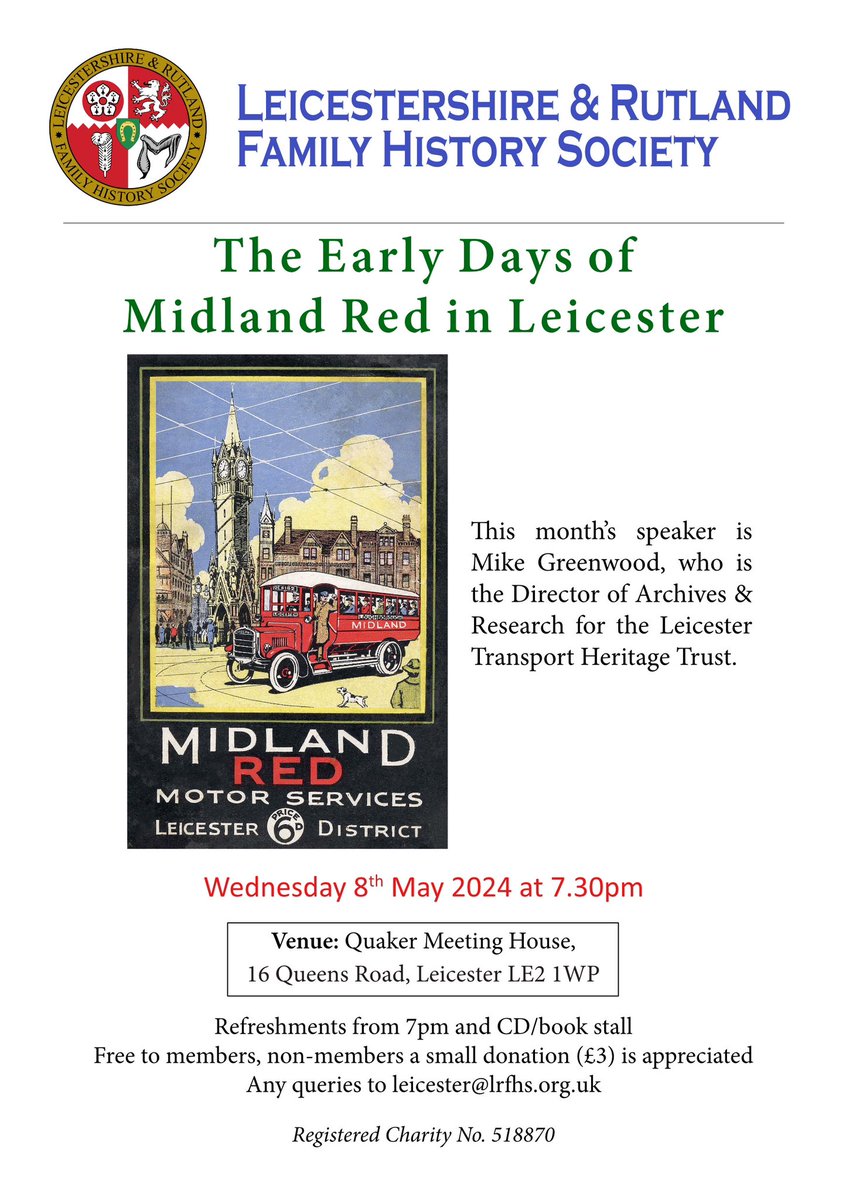 Advanced notice of the next meeting for the Leicester branch. All welcome, no need to book. Please note new venue ! @leicestermuseum @RecordOffice @leicesterlibrar