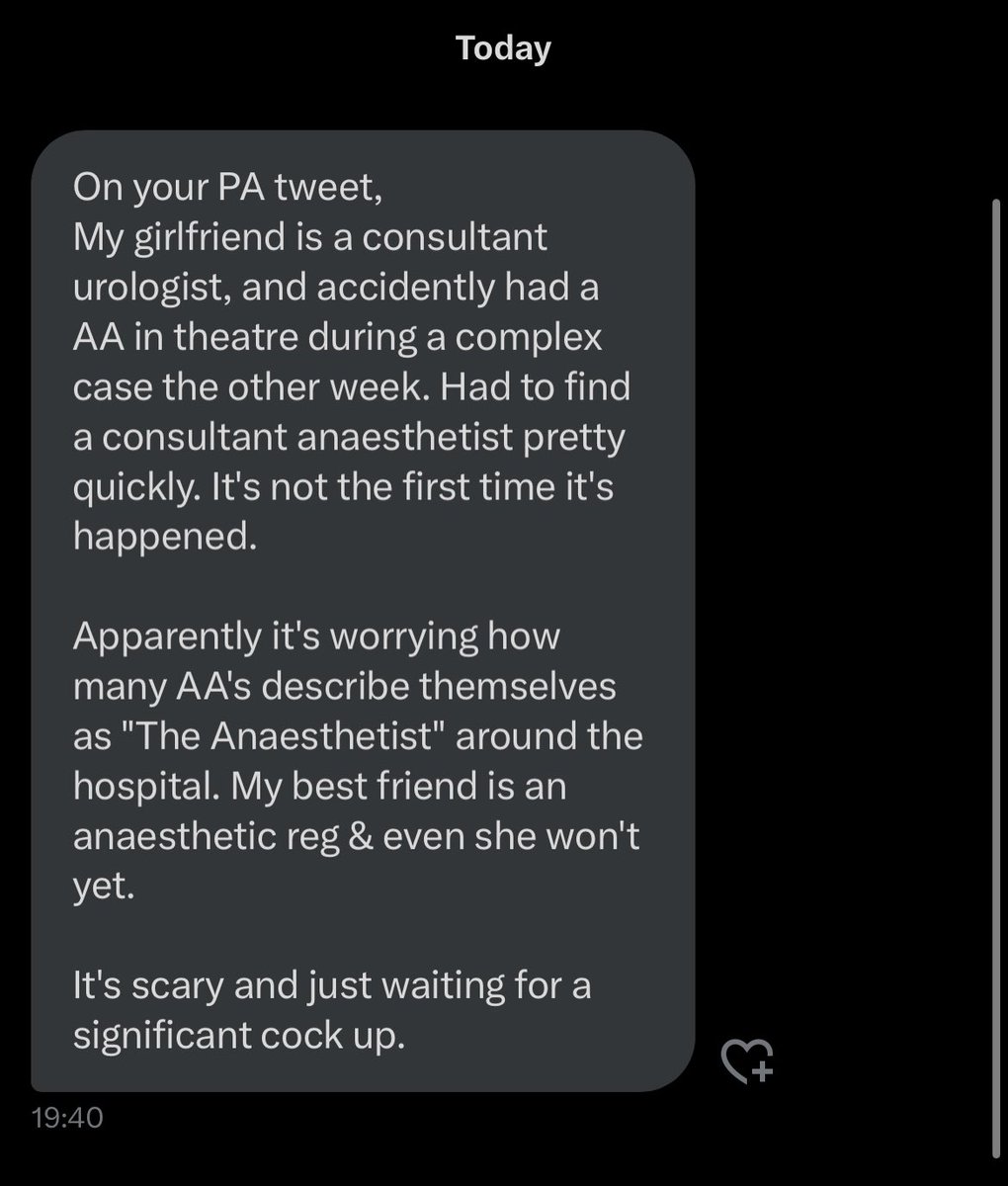 Consultants - you can no longer assume the person doing the anaesthetic on your patient is an anaesthetist

And it seems some don’t voluntarily state that they’re actually AAs

Best clarify that before the sh*t hits the fan in theatre