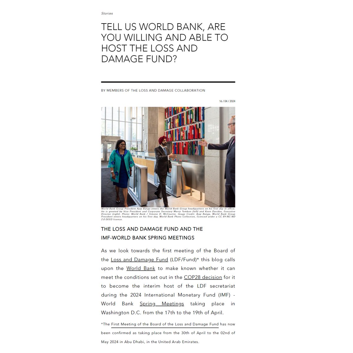 Loss and Damage Collaboration (L&DC) (@lossanddamage) on Twitter photo 1/4. 📰NEW BLOG: With the IMF - <a href="/WorldBank/">World Bank</a> Spring Meetings (#WBGMeetings) ongoing in Washington D.C, 🇺🇸, this blog calls on the <a href="/WorldBank/">World Bank</a> to make known whether it is willing and able to host the Secretariat of the #LossAndDamage Fund.
🔗Read it here: lossanddamagecollaboration.org/pages/tell-us-… 1/4. 📰NEW BLOG: With the IMF - <a href="/WorldBank/">World Bank</a> Spring Meetings (#WBGMeetings) ongoing in Washington D.C, 🇺🇸, this blog calls on the <a href="/WorldBank/">World Bank</a> to make known whether it is willing and able to host the Secretariat of the #LossAndDamage Fund.
🔗Read it here: lossanddamagecollaboration.org/pages/tell-us-…