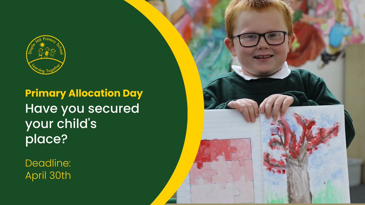 StapleHillPS's tweet photo. Today is primary school National Allocation Day! If you’ve received an offer for a place at our wonderful school, please respond to the offer directly to South Gloucestershire Council by 30 April 2024.
#AllocationDay https://t.co/fGmOyL6PDD