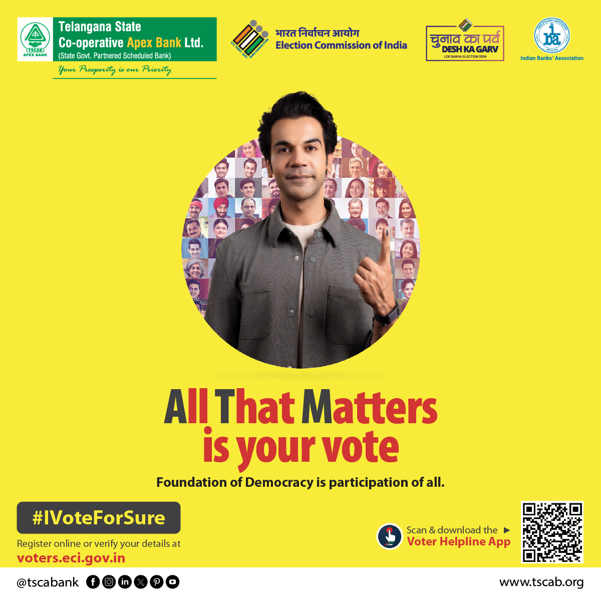 All That Matters is your vote
Foundation of Democracy is participation of all.

#telanganastatecooperativeapexbank #TSCA #IVoteForSure #EveryVoteMatters #Vote #Democracy #banking