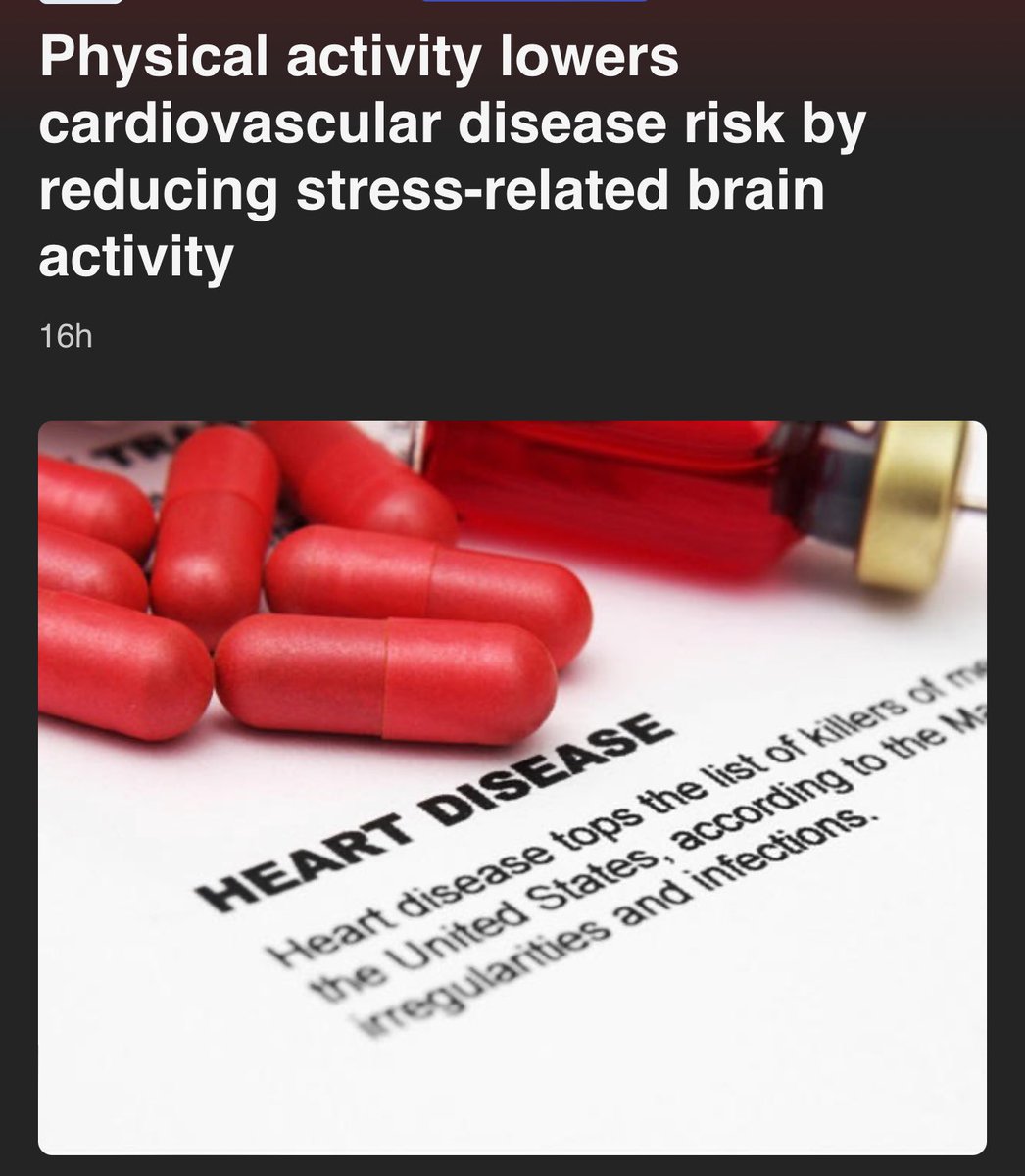 #Physicalactivity lowers #cardiovasculardisease risk by reducing #stress-related brain activity. People with stress-related conditions such as #depression experienced the most cardiovascular benefits from physical activity. 

jacc.org/doi/abs/10.101…