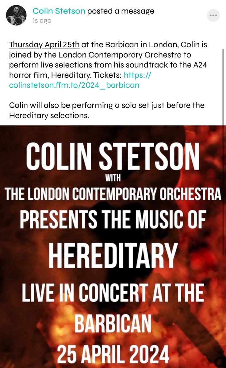 Great news for anyone seeing @colinstetson in a couple of weeks time @BarbicanCentre …he’ll be performing a solo set as well as his Hereditary score with @LCOrchestra Super excited!