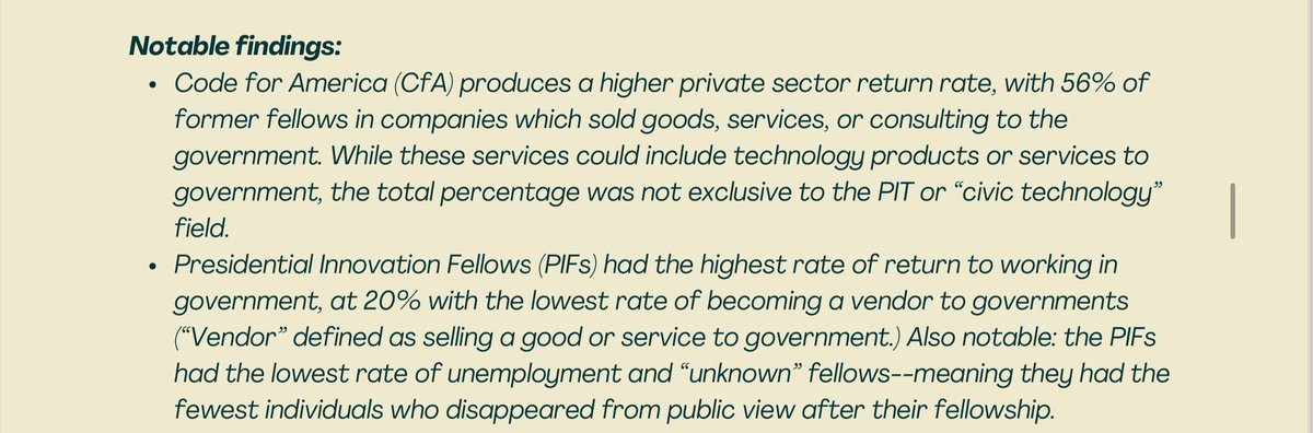 I was curious, what percentage of government innovation fellows return to working in government? 6 years of data collection, over 400 fellows in 3 major government innovation fellowships. Download the just released report here: smartercivic.squarespace.com #CivicTech