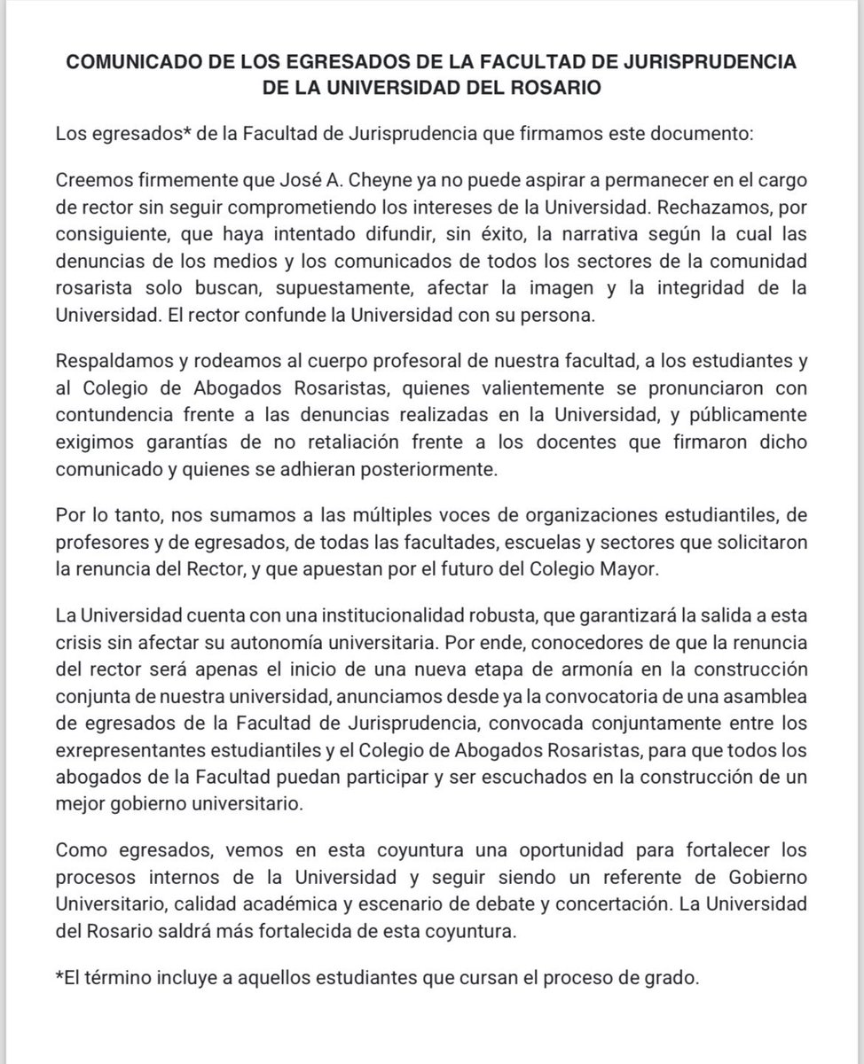 Carta de los egresados de Jurisprudencia del Colegio Mayor de Nuestra Señora del Rosario