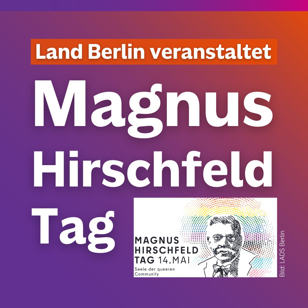 #Berlin führt als erstes von 16 Bundesländern einen landesweiten #MagnusHirschfeldTag ein.
Unter berlin.de/magnus-hirschf… können sich Unternehmen, Vereine, Verbände, Initiativen und Schulen informieren, wie sie ein aktiver Teil des Projekts werden.
@mhstiftung begrüßt den #MHT2024