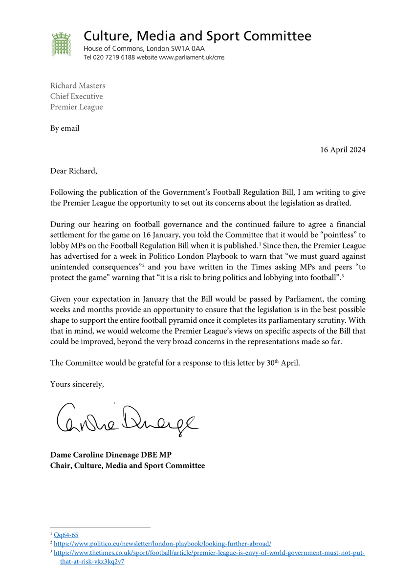 CommonsCMS's tweet photo. Our Chair @cj_dinenage has written to Richard Masters, Chief Executive of the @premierleague, to give the organisation an opportunity to set out its concerns about the Government's Football Regulation Bill. https://t.co/OBvausna7j