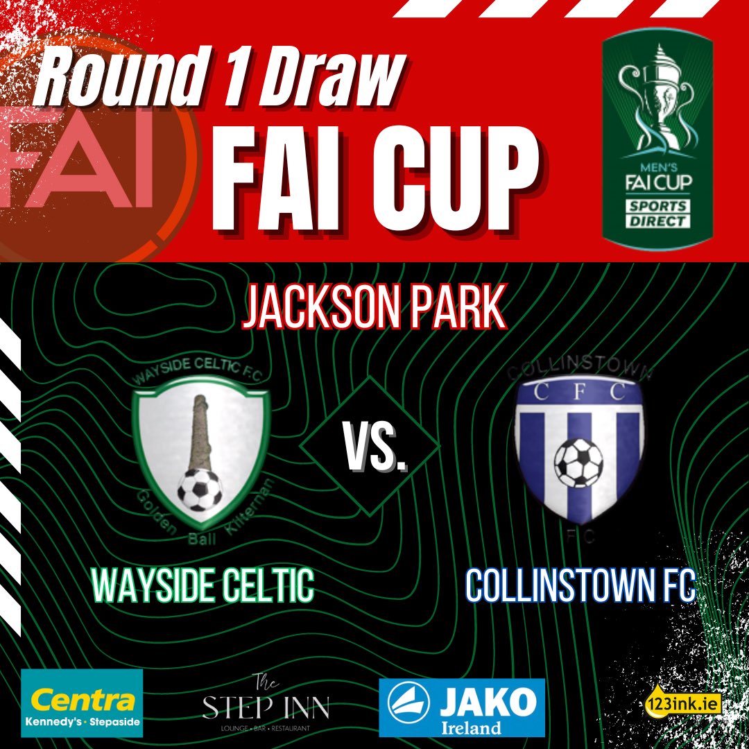 FAI CUP DRAW | 🔥🔥🔥

We have been drawn to play <a href="/collinstown2007/">collinstownfc2007</a> in the first round of this years FAI Cup!

Proud to be part of this years cup!

Provisional date 17/05/2024 @ Jackson Park

<a href="/123ink_ie/">123ink.ie</a> @jakoireland <a href="/thestepinn/">thestepinn</a>  <a href="/FAIreland/">FAIreland</a> #SupportLocal
