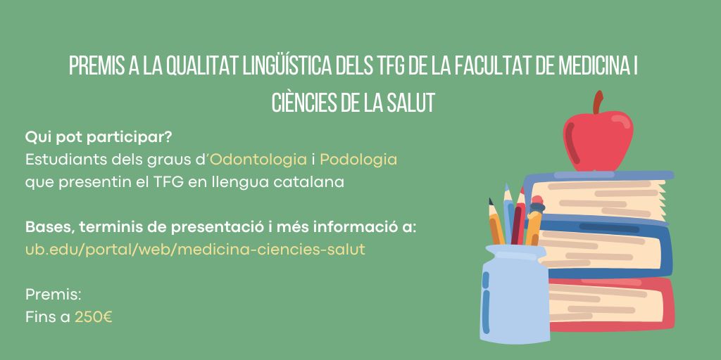 CampusBellvitge's tweet photo. #PremisTFG| 📢Publicats els Premis a la qualitat lingüística dels TFG dels graus d' #Odontologia i #Podologia!
Si sou estudiants de Podologia🦶 i Odontologia🦷 i aquest any presenteu el vostre TFG en llengua catalana, a què espereu?
Participeu i guanyeu fins a 250€! https://t.co/wNKaZx3HdK