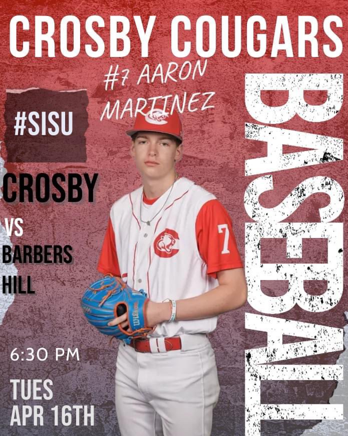 Pack the stands with a sea of RED, bring everyone!  Let's be loud and proud!  Let's hear those bells!  These boys NEED your support and feed off of your excitement!

🗓   Tuesday, April 16th
🏟   The Ballparks in Crosby 
🆚   Barbers Hill Eagles
🕢   6:30 PM

#SISU