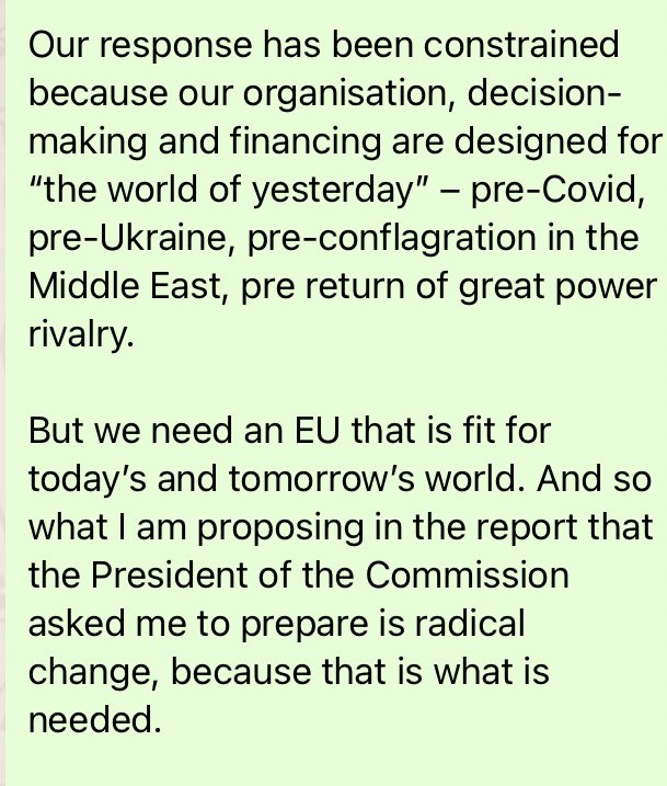 davcarretta's tweet photo. Mario Draghi: What I am proposing in the report is a radical change. 

Because that is what is needed. 

(Lessons from 2012: never underestimate the second part of Draghis’s sentences) https://t.co/dFxrGqiRDu