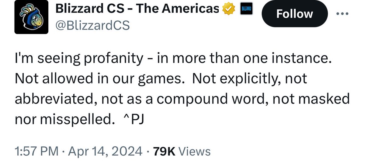 zoobiddy's tweet photo. @BlizzardCS Fire PJ they're making blizzard look stupid online. The games are rated T, online interactions are unrated, and the current anti-cussing crusade is complete clown pajamas. #FirePJ https://t.co/2Ickde4VpP