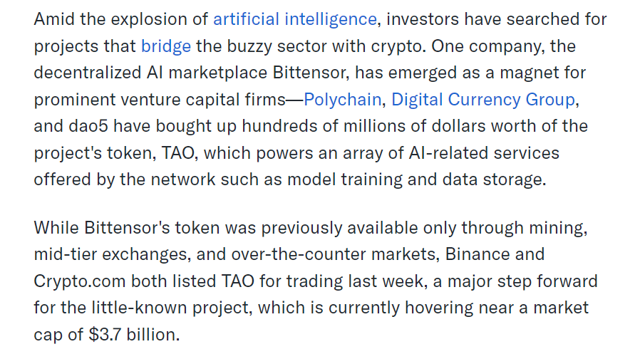 TAOCommunityHub's tweet photo. "VCs are pouring hundreds of millions of dollars into Bittensor $TAO, a little-known AI crypto project." https://t.co/fZl7afbYfK