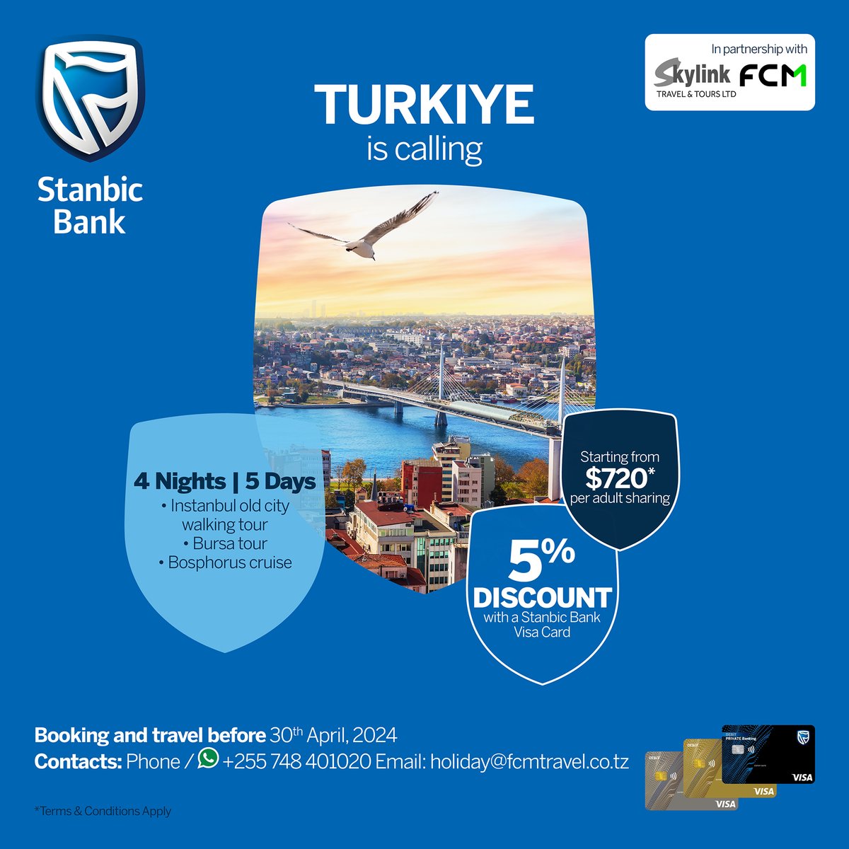 Book your holiday destination with Sky Link Travel & Tours and enjoy 5% discount when paying with your Stanbic Visa Card!