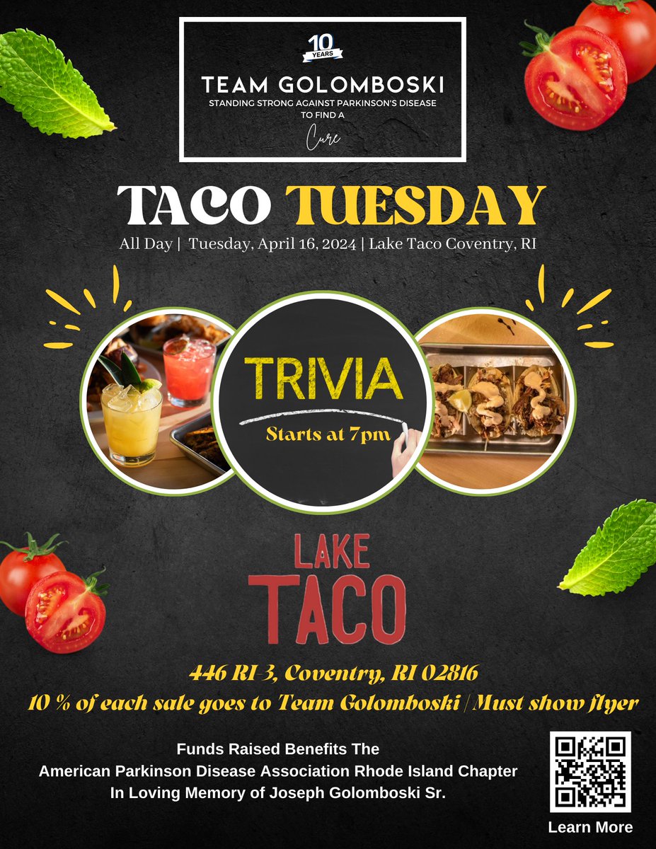 Come support Team Golomboski tomorrow night! 💙 It’ll be a fun night. Hope to see you there 🤗 

** Show this flyer to your server for 10% of your bill to go to our fundraiser

#ParkinsonsAwarenessMonth #StandStrongTogether