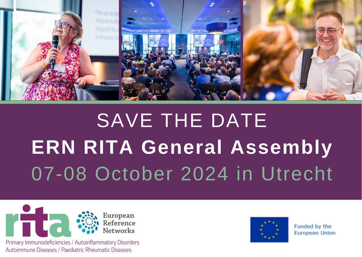 🔴Save the Date! We are happy to announce the next ERN RITA General Assembly to take place in Utrecht. We are looking forward to meeting with our network members and patient partners 🤗 📆 07-08 October 2024 Have a look a the (draft) programme here: bit.ly/4aC4IMn