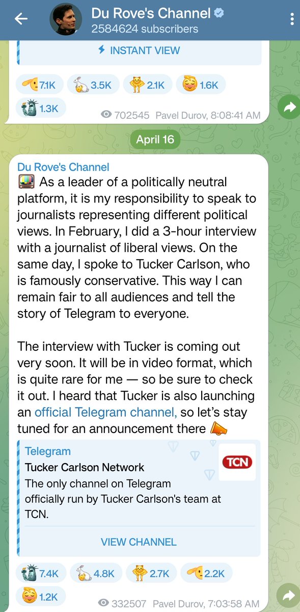 Telegram founder and notorious weirdo Pavel Durov says he's given an interview to Tucker Carlson.