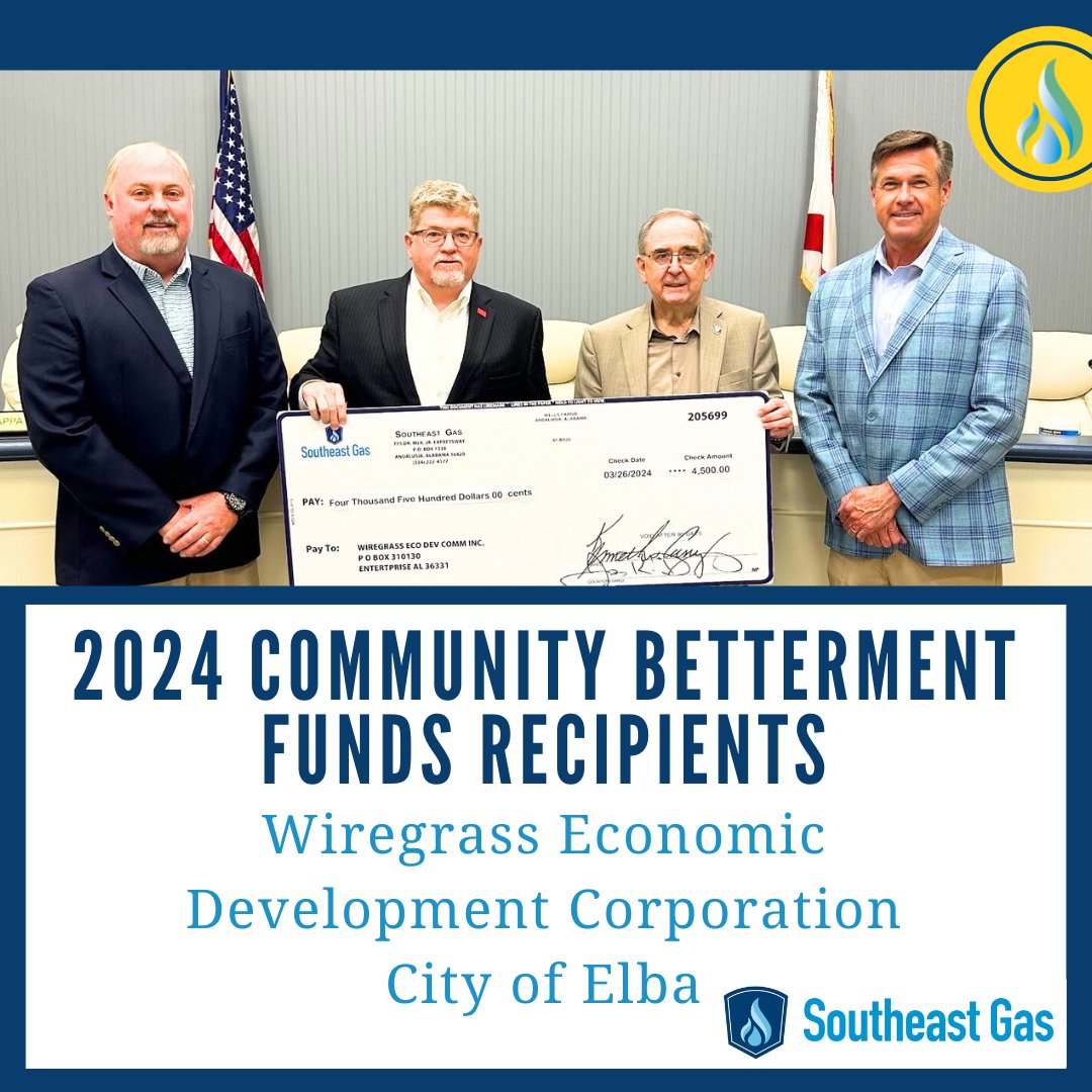 SoutheastAlGas's tweet photo. Helping improve communities in Southeast Alabama includes includes giving through our Community Betterment program designed to support local agencies and municipalities in attracting and retaining businesses https://t.co/DwNM2g2zbp https://t.co/NigGpRGWd6