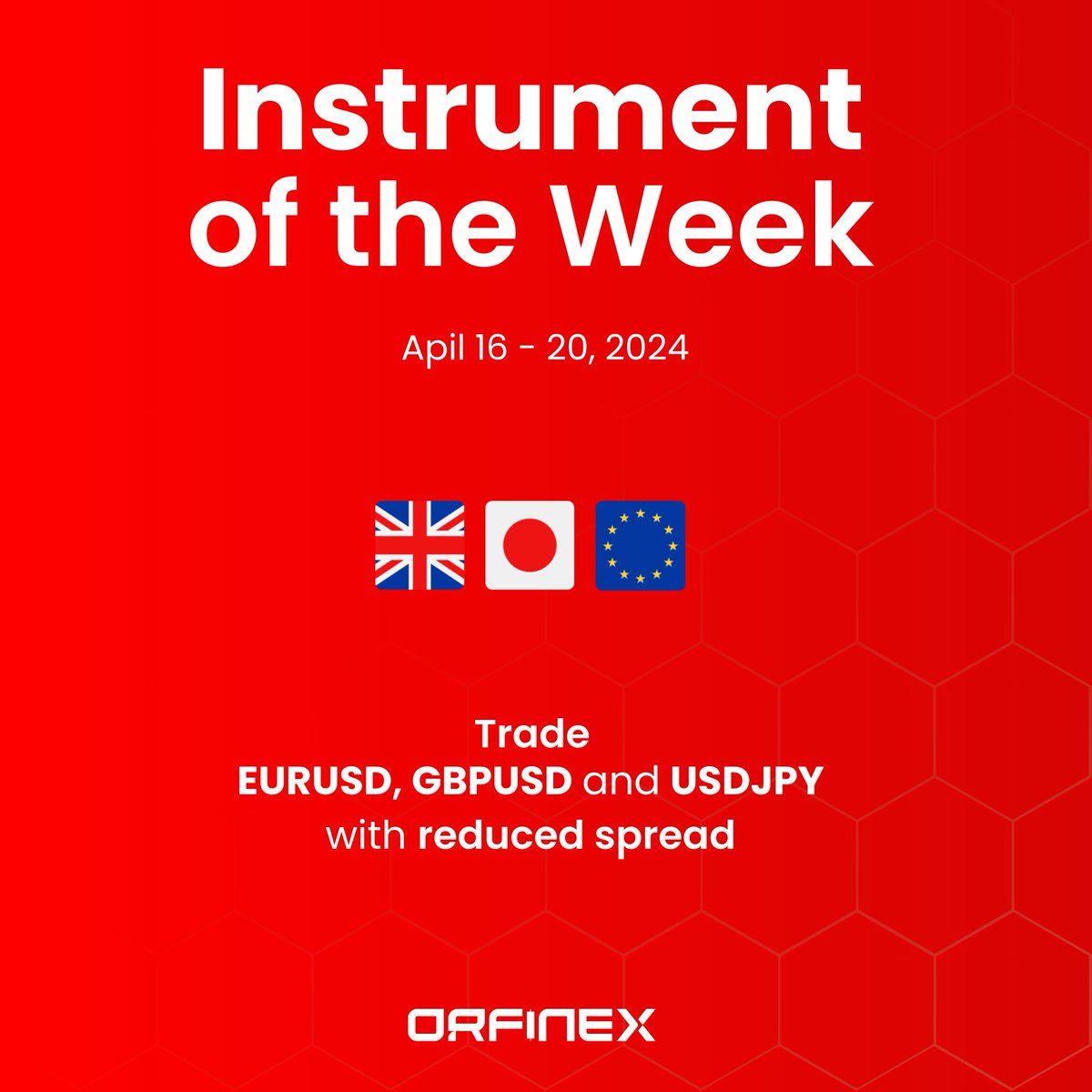 orfinex's tweet photo. Instrument of the Week! 

Dive into the forex market with #Orfinex! This week, enjoy reduced spreads on your favorite pairs: #EURUSD, #GBPUSD, and #USDJPY. Perfect your trading strategy and maximize your opportunities! 

Start trading today and see the difference! https://t.co/8kiaWbHncU