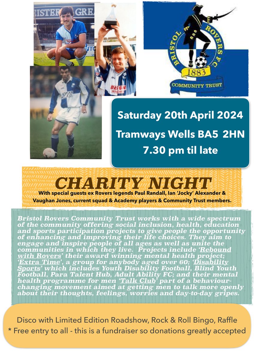 BristolRoversCT's tweet photo. β½ This Saturday will be a special night for the #GasFamily
An evening with #BristolRovers legends, music, games and prizes
π With all monies raised going to the Community Trust, we'd like to thank Neil & Debbie for organising what will be a brilliant night! ππ΅βͺ
#4Quarters1Community