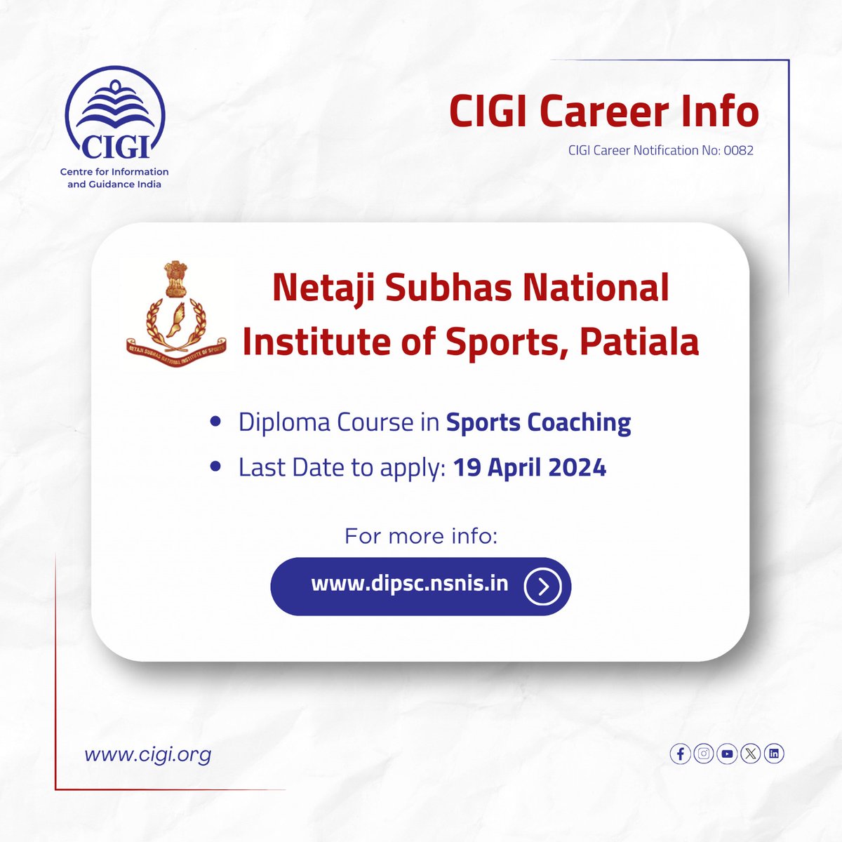 livecigi's tweet image. 👉Netaji Subhas National Institute of Sports, Patiala

#cigicareerinfo #CIGI #Kozhikode #NGO #KeralaCommunity #EducationForAll #ThisWeekEvents #NGOImpact #EmpowerThroughEducation #CigiCares #CalicutNGO #SocialServiceHeroes #CommunityImpact #CigiForChange #NGOinAction