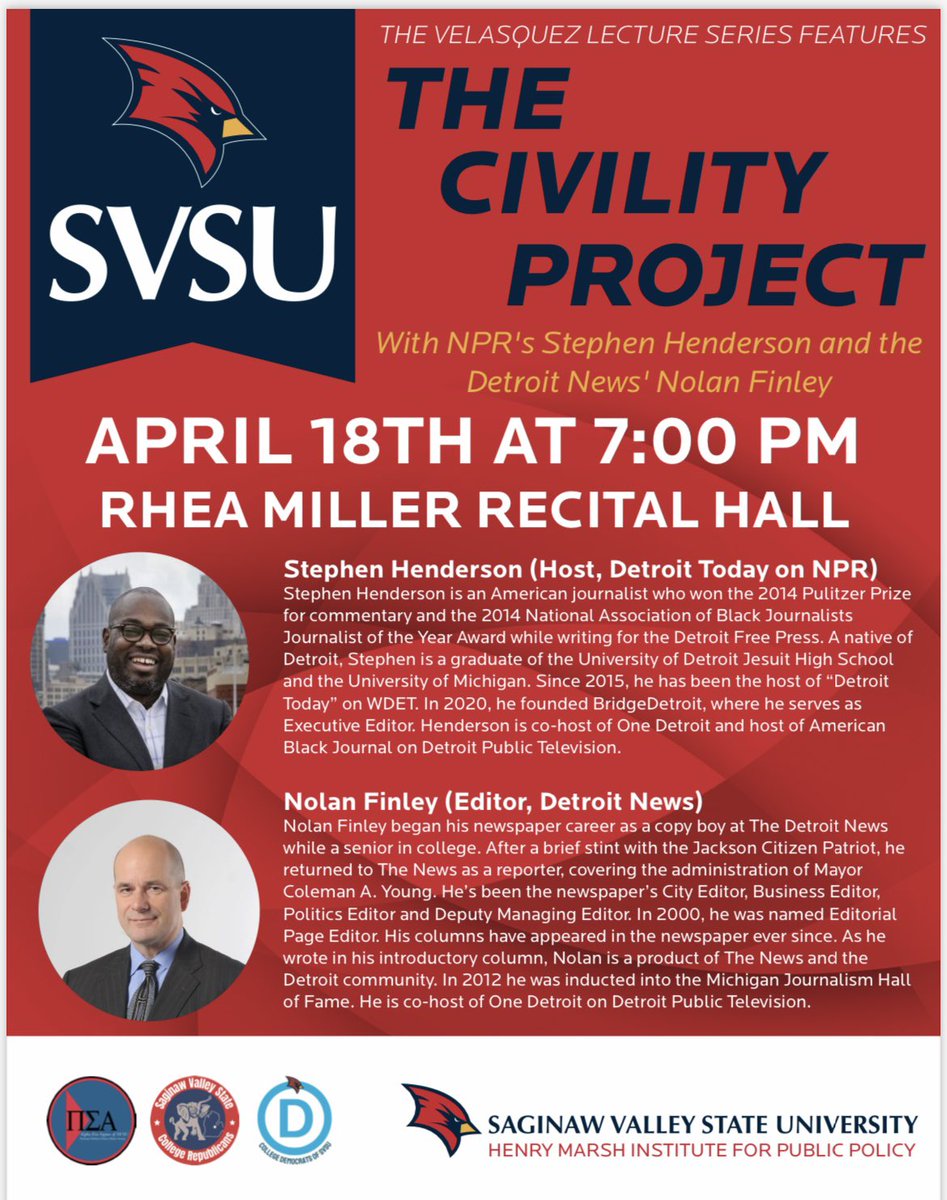 This Thursday (April18th) you can join the 2nd annual #VelasquezLecture at @SVSU and hear from @NolanFinleyDN & @SHDetroit as they discuss #TheCivilityProject Please come join in the discussion. 

@MidlandBooster