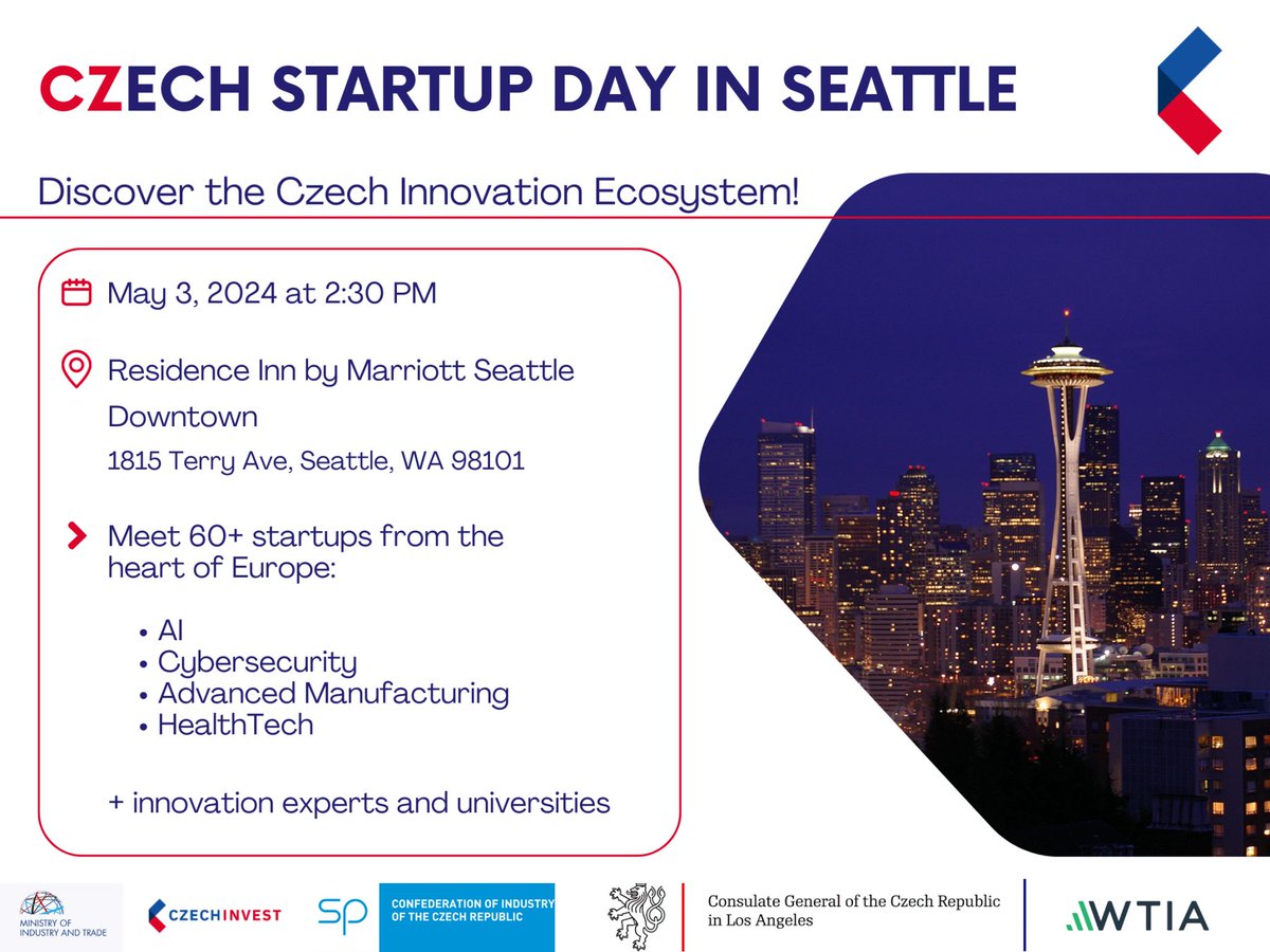 🚀#Czech #Startup #Day in Seattle! 🗓️ When: Fri, May 03, 2024 @ 2:30 pm 📍 Where: Residence Inn Seattle Downtown Afternoon of startup pitches and networking as they welcome the @JozefSikela from @mpo_tweetuje & @SvazPrumyslu delegation to USA. ✍️ lu.ma/qwf4dlg7
