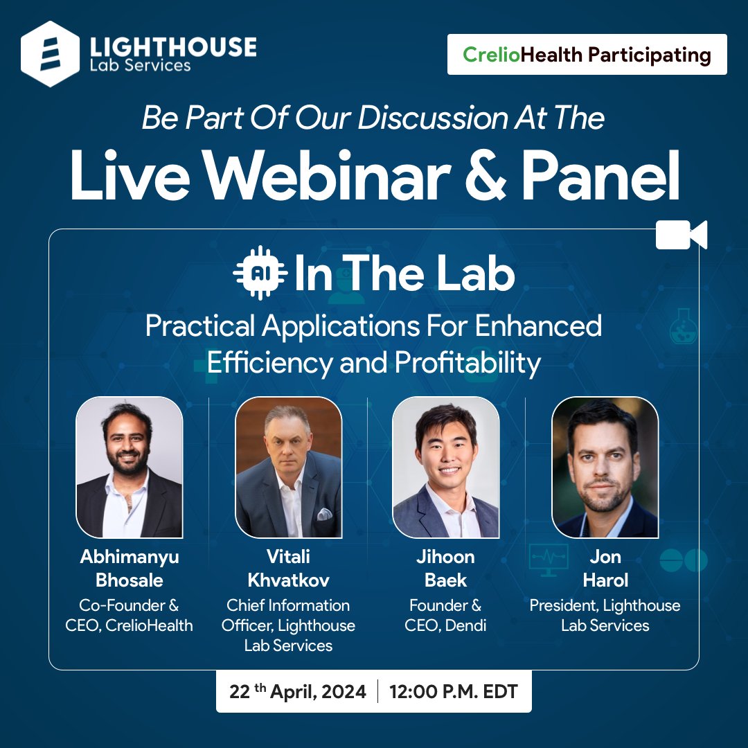 Join us for a live webinar & panel discussion by Lighthouse Lab Services, where industry experts converge to explore the future of AI In The Lab. Don't miss out on invaluable insights and engaging dialogue! Register now: bit.ly/4cYGrld

#webinaralert #Webinar2024