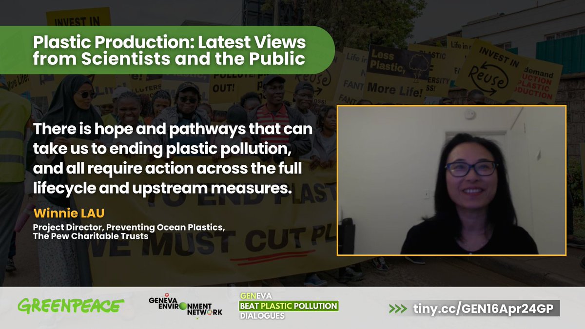 GENetwork's tweet photo. @Greenpeace @GreenpeaceSEA @GRIDArendal @ScientistsCoa @pewenvironment @Juliet_Kabera @ciel_tweets @DudayevRayhan @BCarneyAlmroth @HACplastic @REMA_Rwanda @FranceONUGeneve @valesierr @UruguayONUGva @goteborgsuni "Reducing #plastic production through reduction, reuse, redesign can lead to a reduction of up to 1/3."
Winnie Lau of @pewtrusts highlights how a #LifecycleApproach is central to the success of #PlasticsTreaty, calling for an urgent breakaway from the business-as-usual scenario. https://t.co/M43b1mjFPf