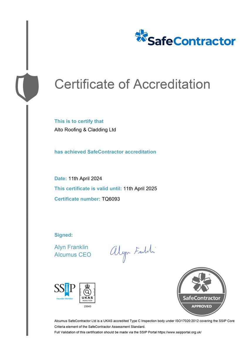 AltoRoofing's tweet photo. We always strive to be the very best at everything we do and Health and Safety is no exception. We are proud to have been awarded SafeContractor accreditation for 2024. #healthandsafety #industrialroofing #industrialcladding #devon #cornwall #somerset https://t.co/OhyhfzhQJj
